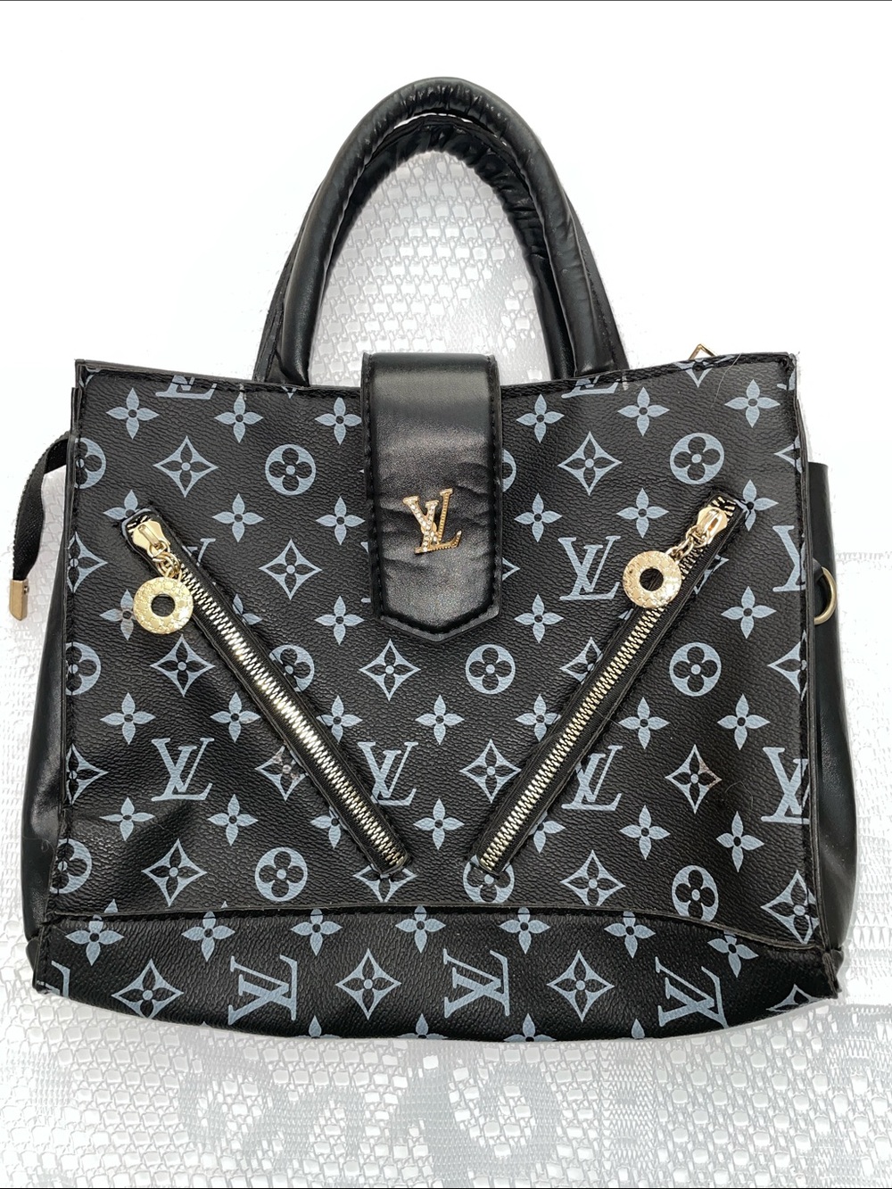 Black & Light Gray Monogram Satchel with Gold Hardware
